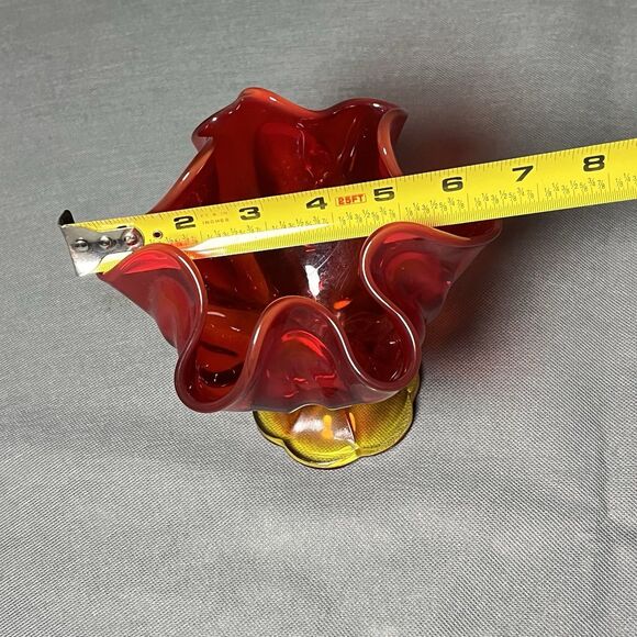 Vtg 70s L E Smith Amberina Glass Footed Pedestal Bowl Handkerchief 6 Finger Vase - Picture 10 of 10